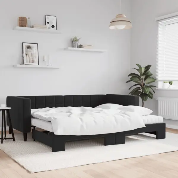 Gossi pat de zi cu extensie si saltele, negru, 90x190 cm, catifea