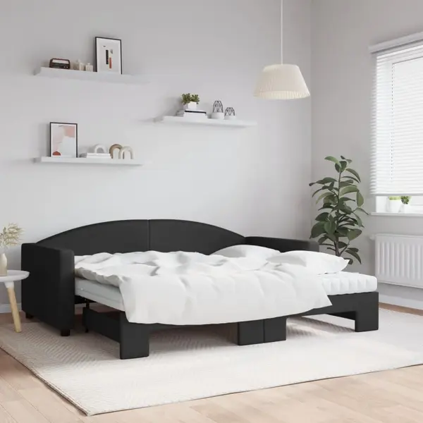 Gossi pat de zi cu extensie si saltele, negru, 90x190 cm, textil