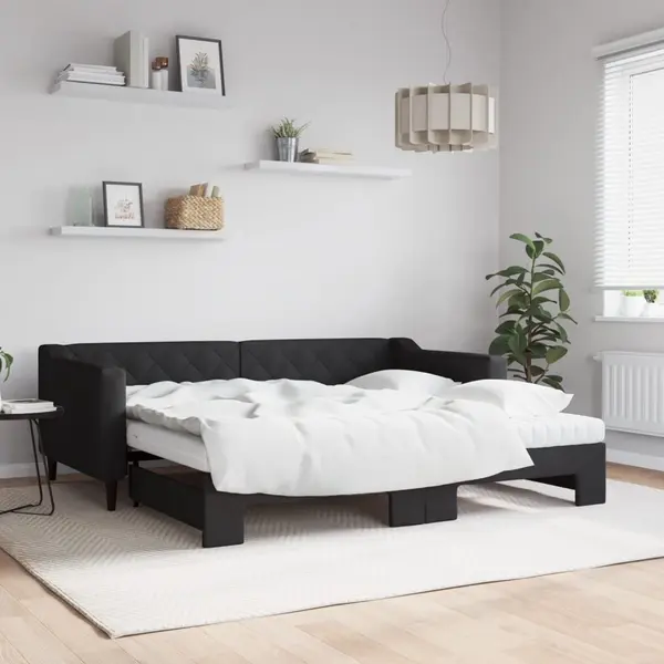 Gossi pat de zi cu extensie si saltele, negru, 90x190 cm, textil