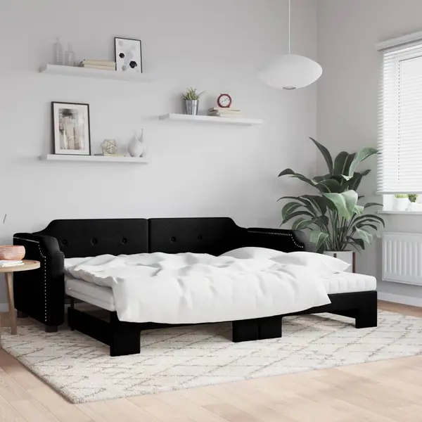 Gossi pat de zi cu extensie si saltele, negru, 90x190 cm, textil