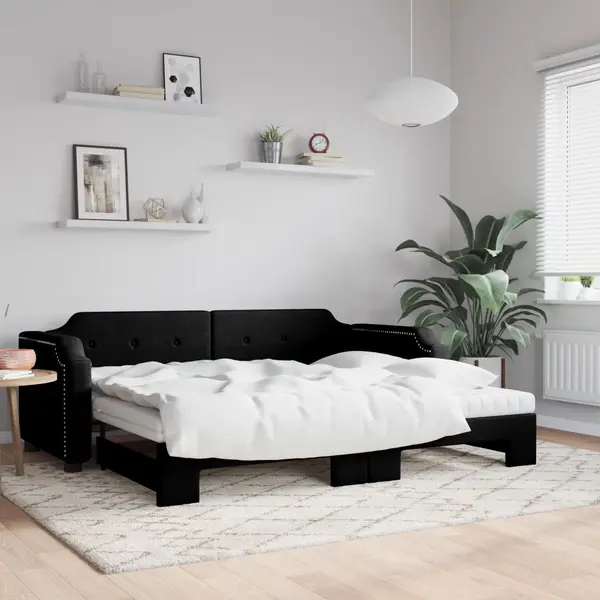 Gossi pat de zi cu extensie si saltele, negru, 90x200 cm, textil