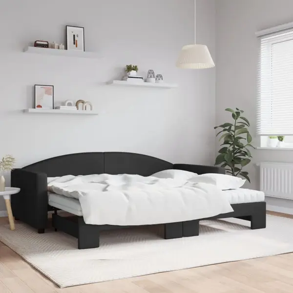 Gossi pat de zi cu extensie si saltele, negru, 90x200 cm, textil