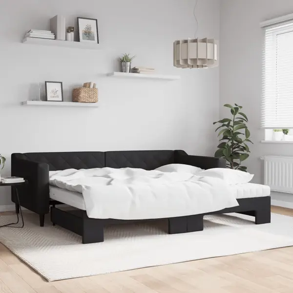 Gossi pat de zi cu extensie si saltele, negru, 90x200 cm, textil
