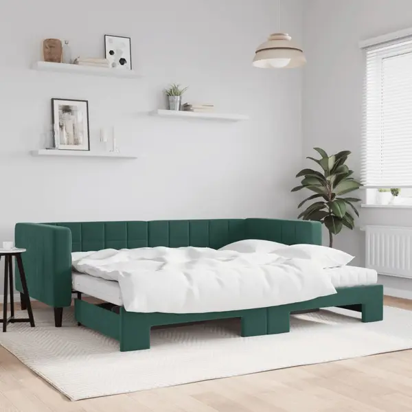 Gossi pat de zi cu extensie si saltele verde inchis 90x200 cm catifea