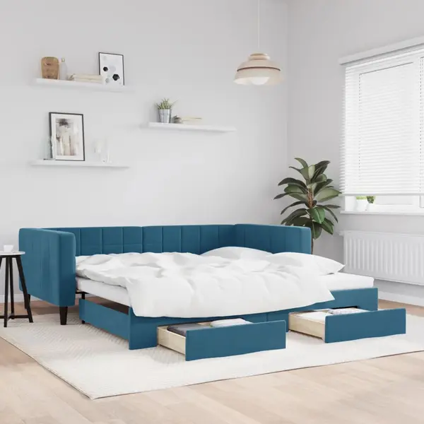 Gossi pat de zi cu extensie si sertare, albastru, 100x200 cm, catifea