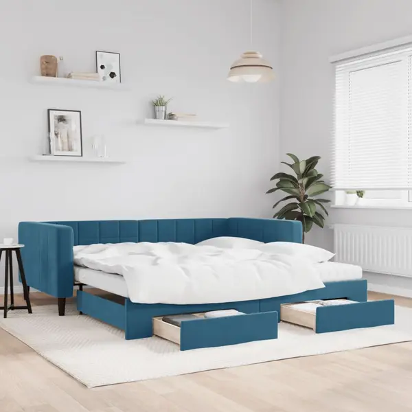 Gossi pat de zi cu extensie si sertare, albastru, 100x200 cm, catifea