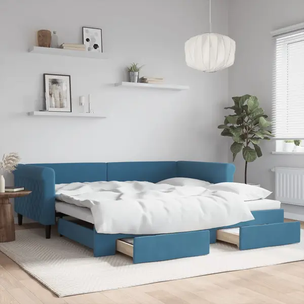 Gossi pat de zi cu extensie si sertare, albastru, 100x200 cm, catifea