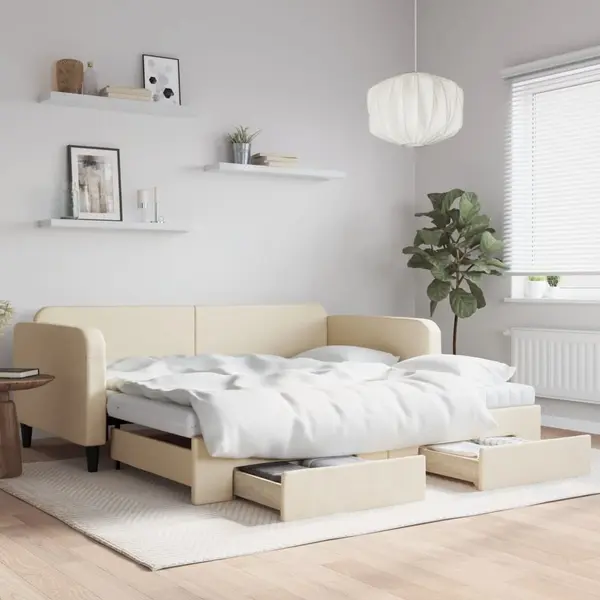 Gossi pat de zi cu extensie si sertare, crem, 100x200 cm, textil