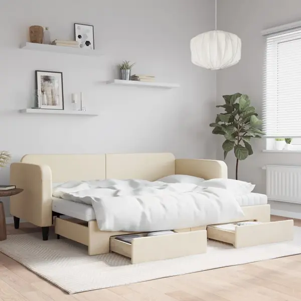 Gossi pat de zi cu extensie si sertare, crem, 80x200 cm, textil