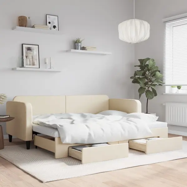 Gossi pat de zi cu extensie si sertare, crem, 80x200 cm, textil