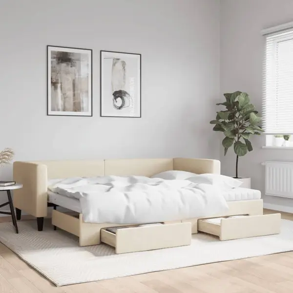 Gossi pat de zi cu extensie si sertare, crem, 80x200 cm, textil