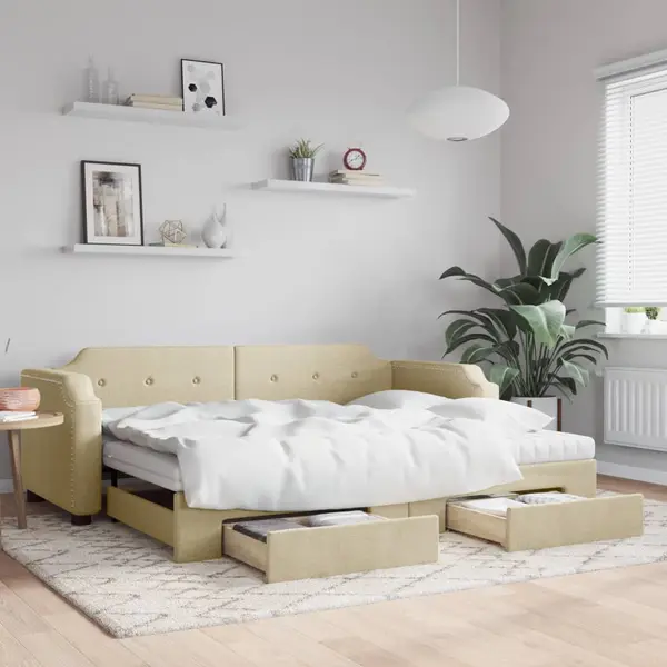 Gossi pat de zi cu extensie si sertare, crem, 90x200 cm, textil
