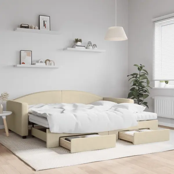 Gossi pat de zi cu extensie si sertare, crem, 90x200 cm, textil
