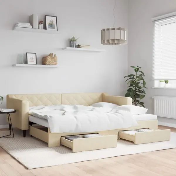 Gossi pat de zi cu extensie si sertare, crem, 90x200 cm, textil