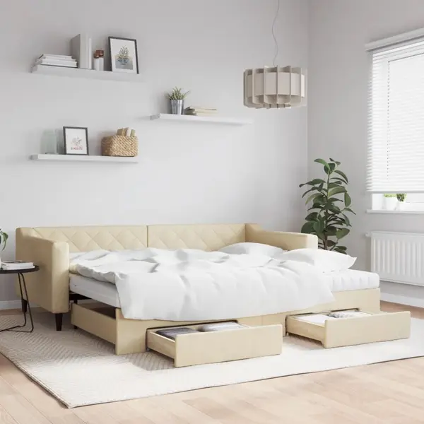Gossi pat de zi cu extensie si sertare, crem, 90x200 cm, textil