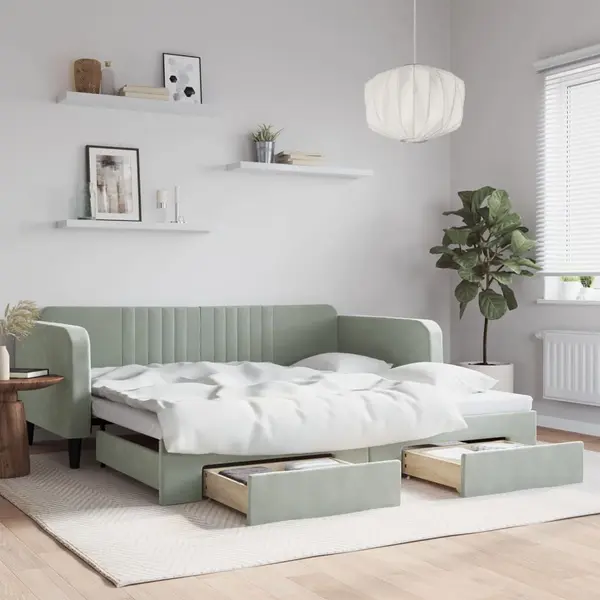 Gossi pat de zi cu extensie si sertare gri deschis 100x200 cm catifea