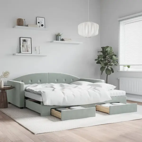 Gossi pat de zi cu extensie si sertare gri deschis 100x200 cm catifea