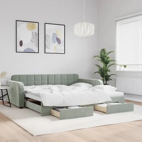Gossi pat de zi cu extensie si sertare gri deschis 100x200 cm catifea