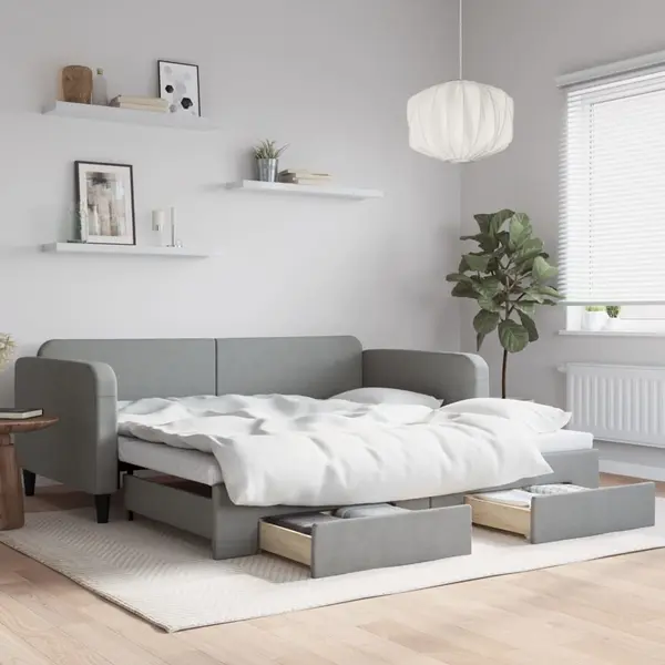Gossi pat de zi cu extensie si sertare, gri deschis 100x200 cm textil