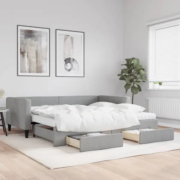 Gossi pat de zi cu extensie si sertare, gri deschis 100x200 cm textil
