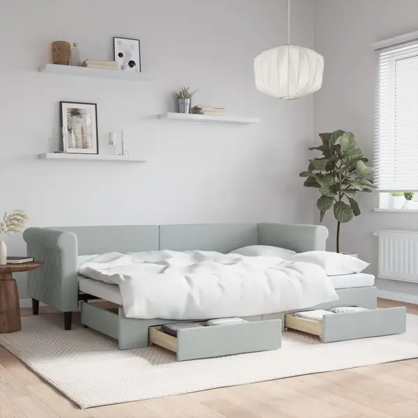 Gossi pat de zi cu extensie si sertare, gri deschis 80x200 cm catifea