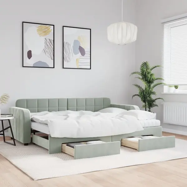 Gossi pat de zi cu extensie si sertare, gri deschis 80x200 cm catifea