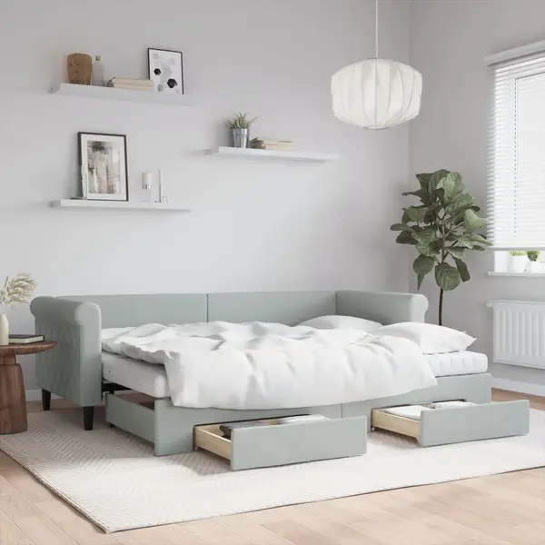 Gossi pat de zi cu extensie si sertare, gri deschis 80x200 cm catifea