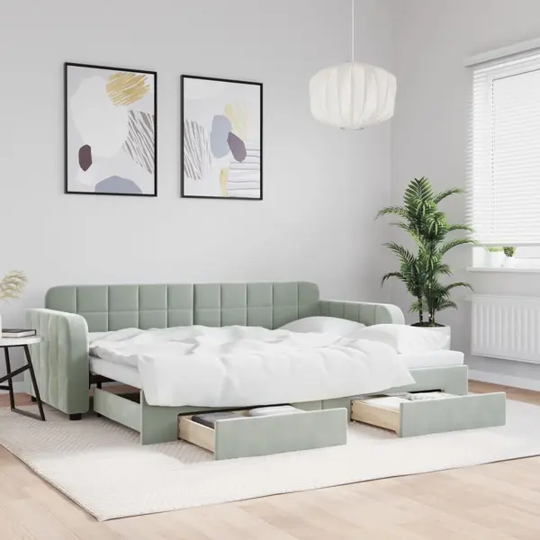 Gossi pat de zi cu extensie si sertare, gri deschis 80x200 cm catifea