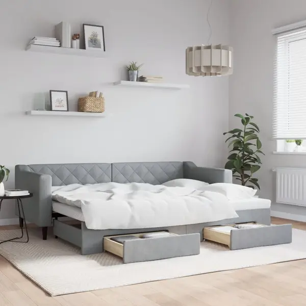 Gossi pat de zi cu extensie si sertare, gri deschis, 80x200 cm textil