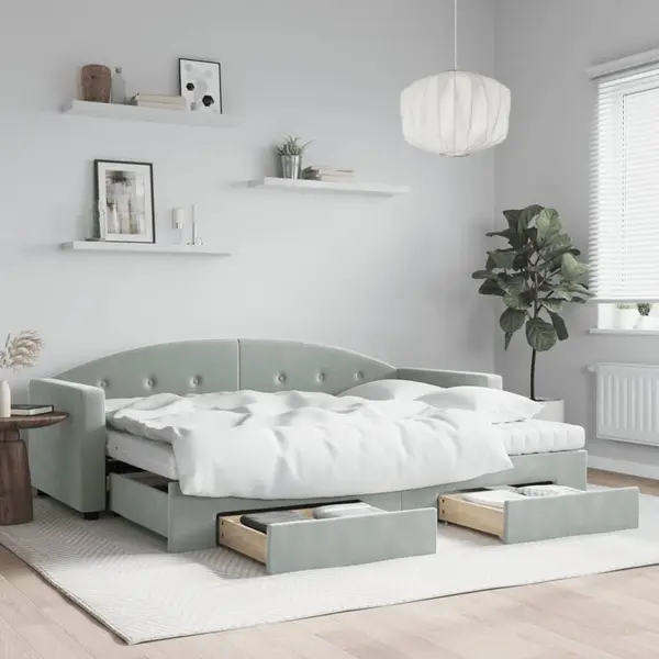 Gossi pat de zi cu extensie si sertare, gri deschis 80x200 cm catifea