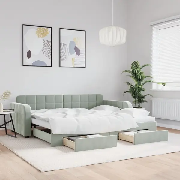 Gossi pat de zi cu extensie si sertare, gri deschis 90x190 cm catifea