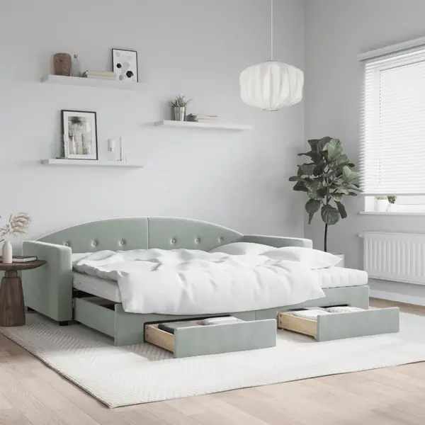 Gossi pat de zi cu extensie si sertare, gri deschis 90x190 cm catifea