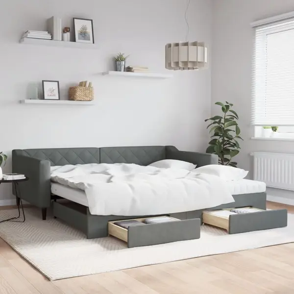 Gossi pat de zi cu extensie si sertare, gri inchis, 100x200 cm textil