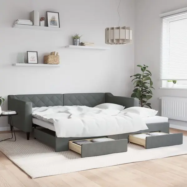 Gossi pat de zi cu extensie si sertare, gri inchis, 100x200 cm textil