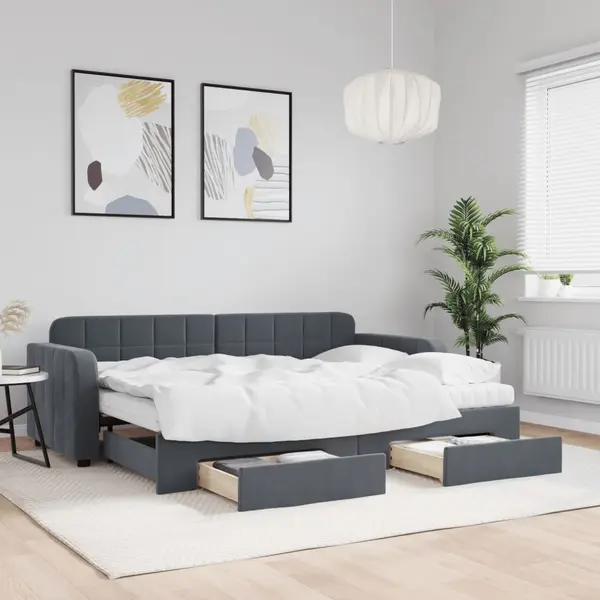 Gossi pat de zi cu extensie si sertare gri inchis 80x200 cm catifea