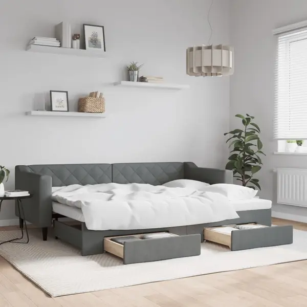 Gossi pat de zi cu extensie si sertare, gri inchis, 80x200 cm textil