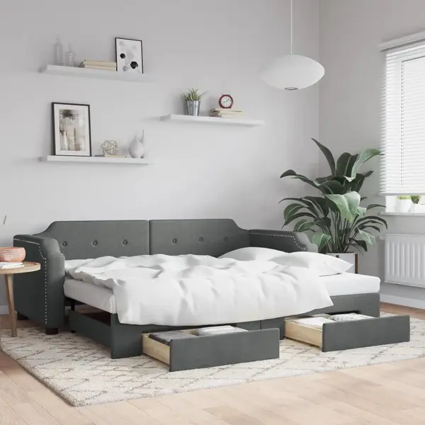 Gossi pat de zi cu extensie si sertare, gri inchis, 80x200 cm textil