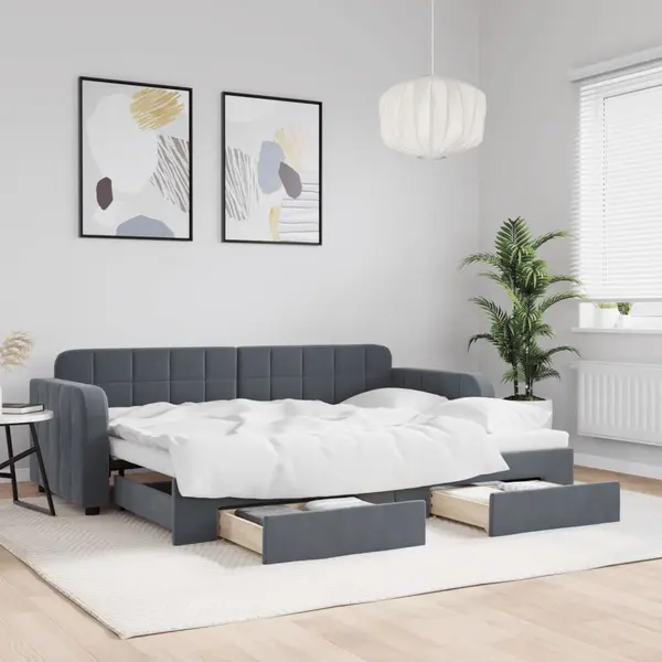 Gossi pat de zi cu extensie si sertare gri inchis 80x200 cm catifea