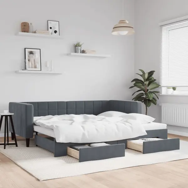 Gossi pat de zi cu extensie si sertare, gri inchis, 90x190cm catifea