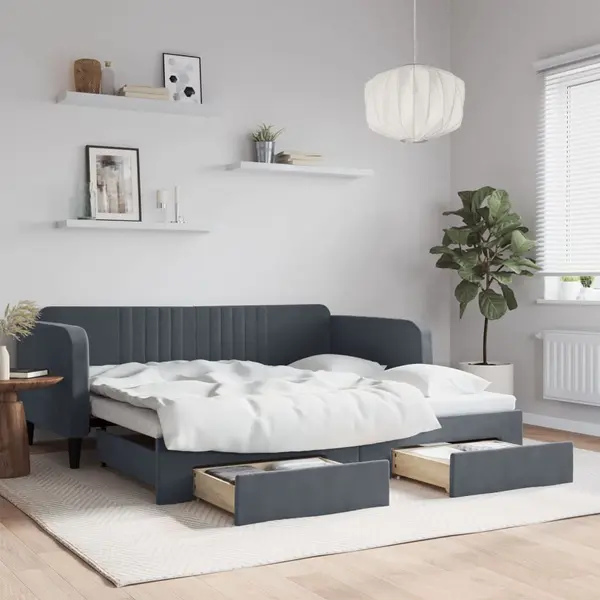 Gossi pat de zi cu extensie si sertare, gri inchis, 90x190cm catifea