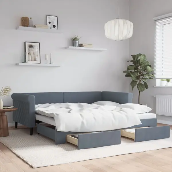 Gossi pat de zi cu extensie si sertare, gri inchis, 90x190cm catifea