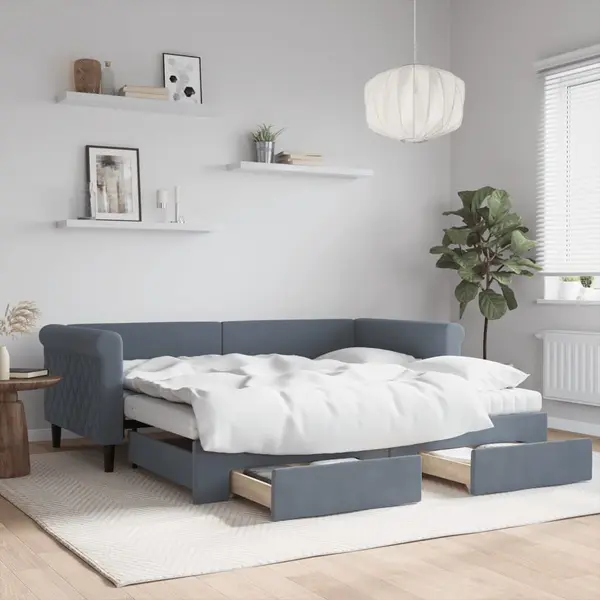 Gossi pat de zi cu extensie si sertare, gri inchis, 90x190cm catifea