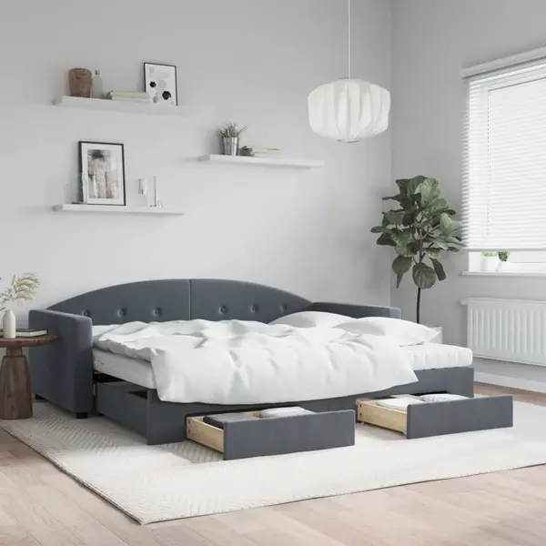 Gossi pat de zi cu extensie si sertare, gri inchis, 90x190cm catifea