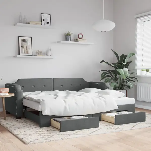 Gossi pat de zi cu extensie si sertare, gri inchis, 90x200 cm textil
