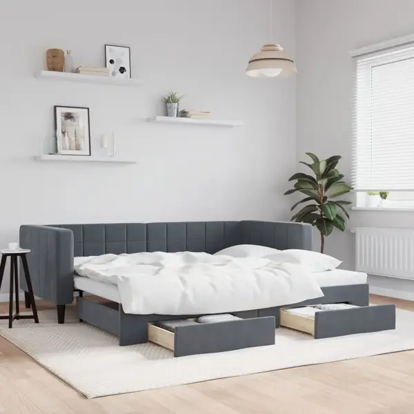 Gossi pat de zi cu extensie si sertare gri inchis 90x200 cm catifea