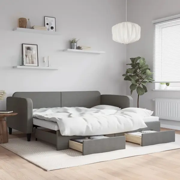 Gossi pat de zi cu extensie si sertare, gri inchis, 90x200 cm textil