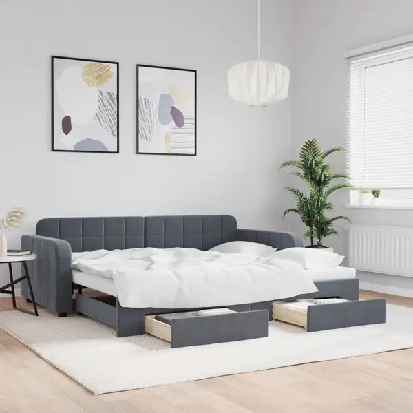 Gossi pat de zi cu extensie si sertare gri inchis 90x200 cm catifea