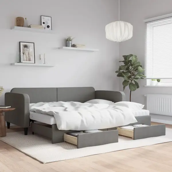 Gossi pat de zi cu extensie si sertare, gri inchis, 90x200 cm textil