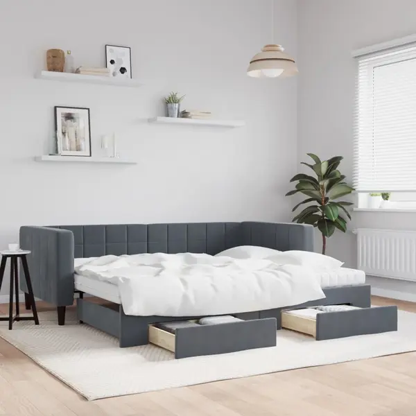 Gossi pat de zi cu extensie si sertare gri inchis 90x200 cm catifea