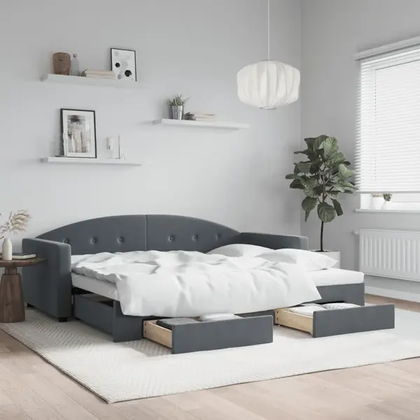 Gossi pat de zi cu extensie si sertare gri inchis 90x200 cm catifea